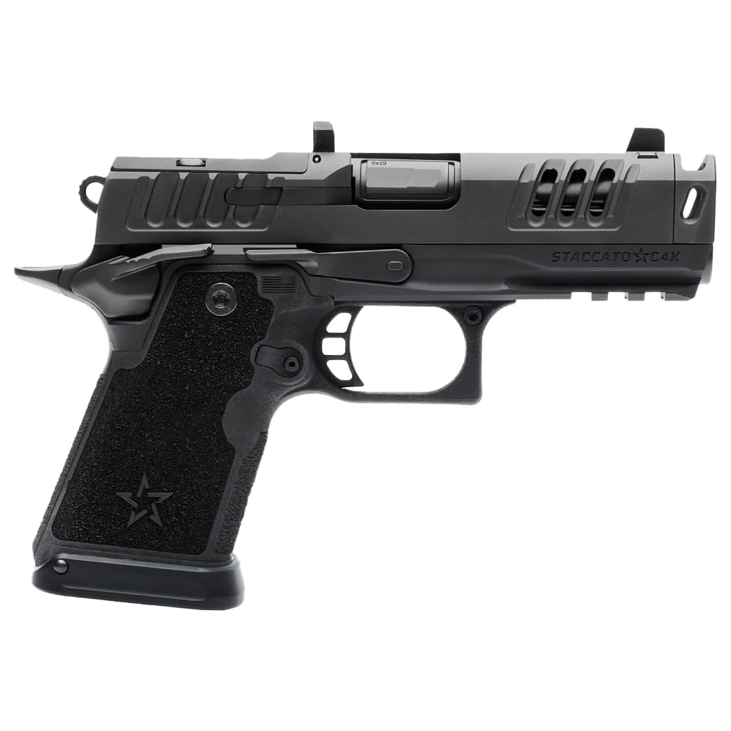 Staccato 2011 C4X Premium Package 9mm 4" DCL Bull Bbl Trijicon Sight X-Serrations AL Trigger & Frame FDE Grip Pistol w/(4) 15rd Mags 20-2701-220107-01