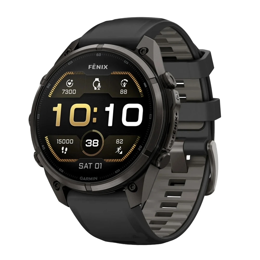 Garmin Fenix 9 Pro 47mm Carbon Gray DLC Titanium Smartwatch w/ Built-In Flashlight, AMOLED Display, Black-Pebble Gray Silicone Band 010-04336-15