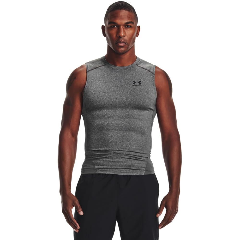 Under Armour Men's Heatgear Sleeveless Carbon Heather/Black Compression Shirt 1361522-09000