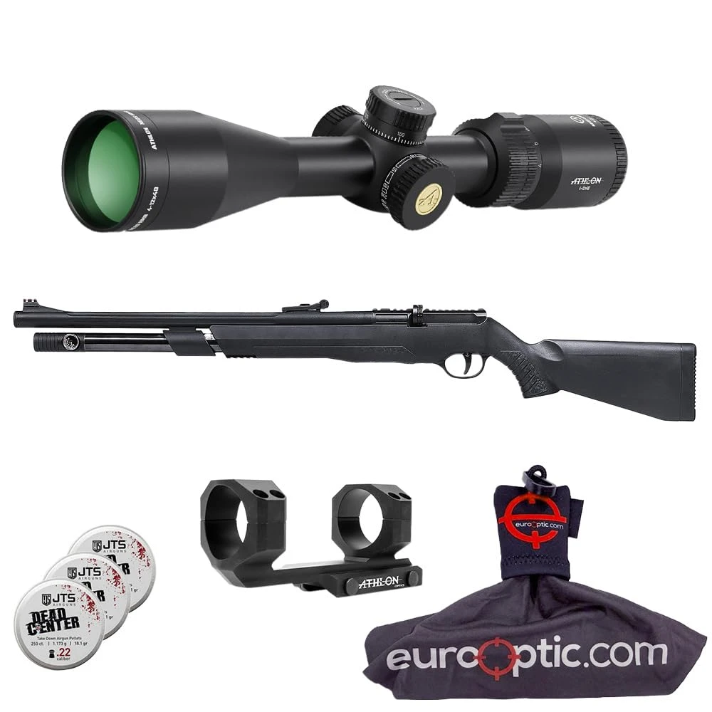 JTS AirStryke .22 Cal Black PCP Air Rifle with 1.175g Pellets, Athlon Neos HMR 4-12x40mm Center-X SFP MOA Reticle Riflescope & Cantilever Mount, Spudz