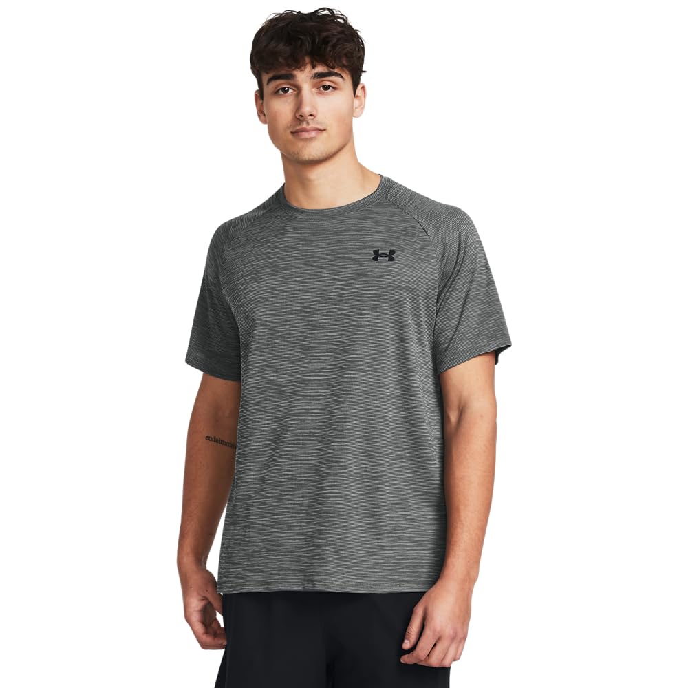 Under Armour Men's Tech Shortsleeve Castlerock/Black Textured Shirt 1382796-02500, Large/Tall - Under Armour