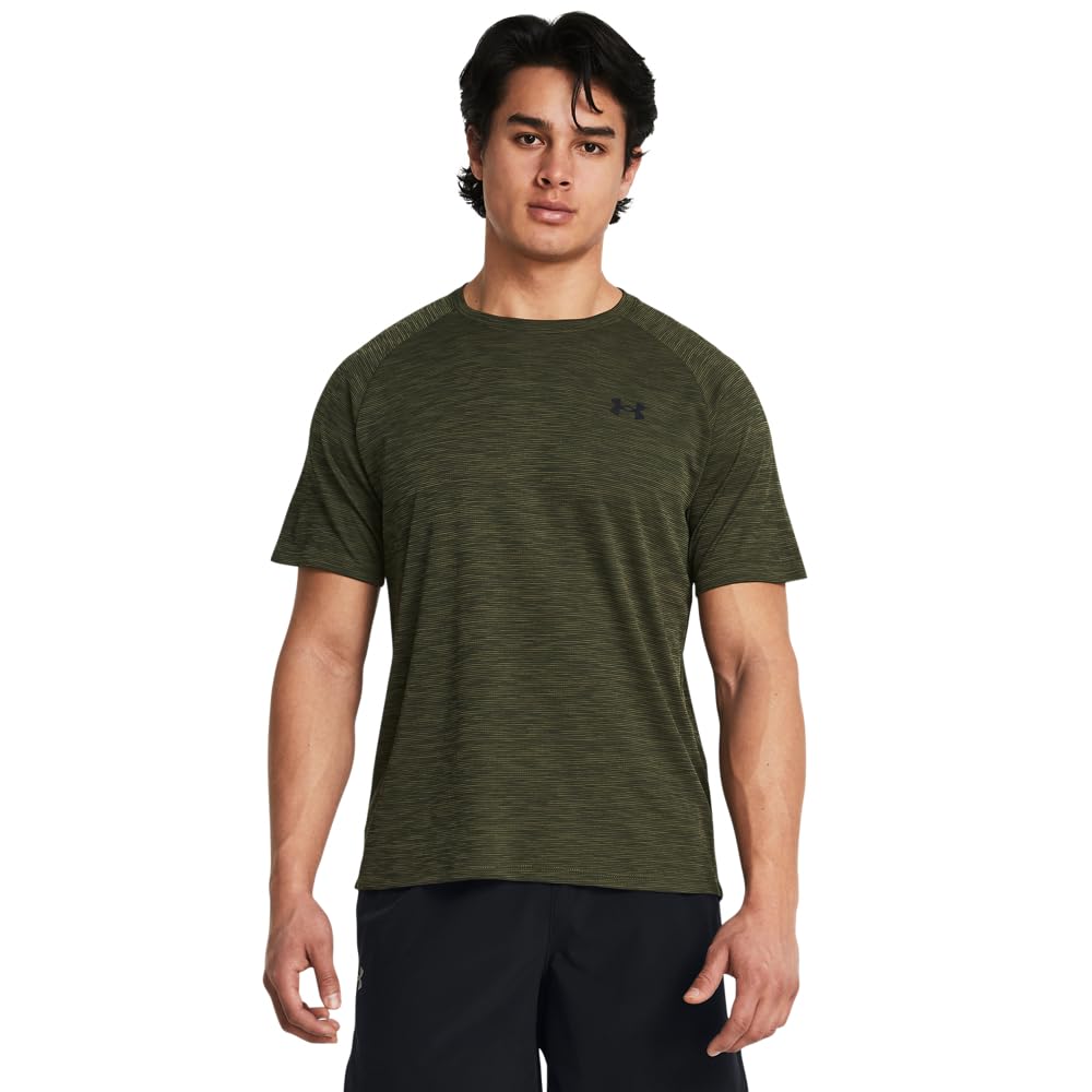 Under Armour Men's Tech Shortsleeve Marine OD Green/Black Textured Shirt 1382796-39000, XL - Under Armour