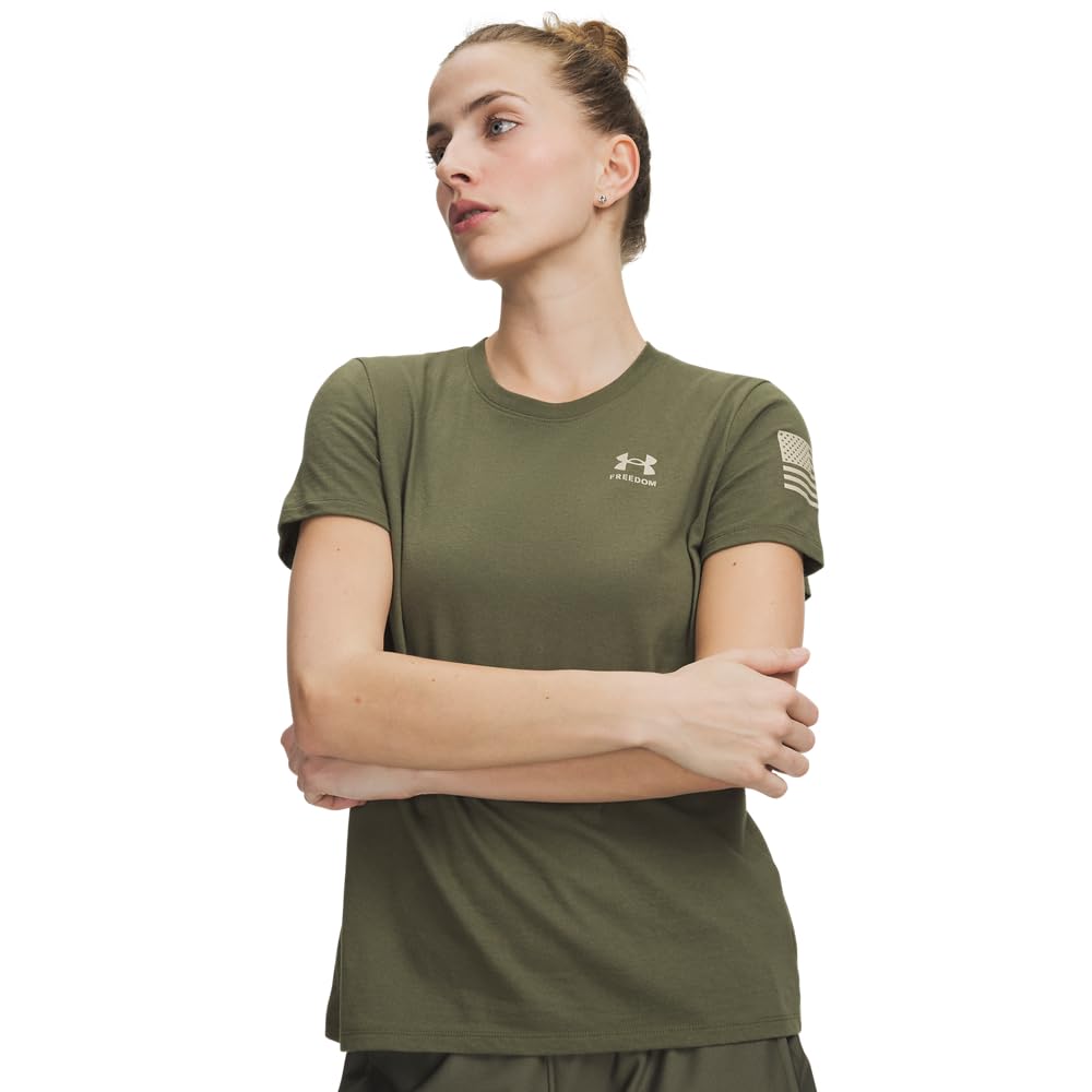 Under Armour Women's Freedom Flag Shortsleeve Marine OD Green/Desert Sand Shirt 6017060-39000, Large - Under Armour