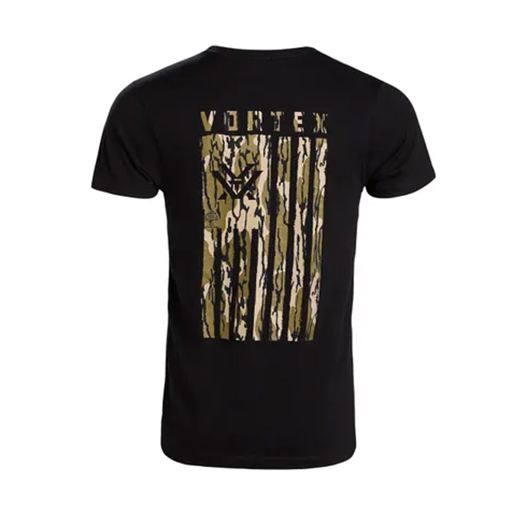 Vortex Optics Mossy Oak Bottomland Camo Salute SS T-Shirt Black Men's Size 2XL 126-31-BLK2X in Solid Black Body, XL - Vortex