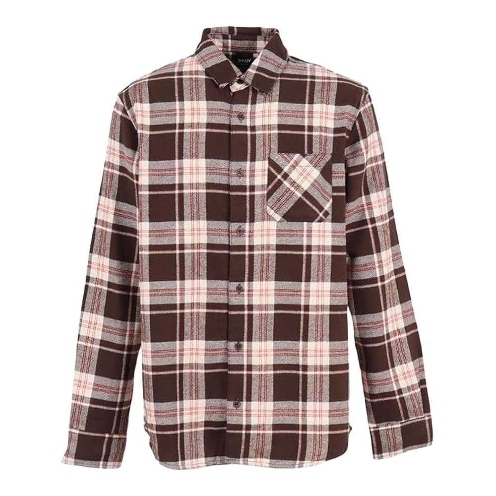 Oakley Men's Cocoa Brown/Mist/F Red Lifestyle Podium Plaid Ls Flannel FOA402573-9NX Top, Small - Oakley