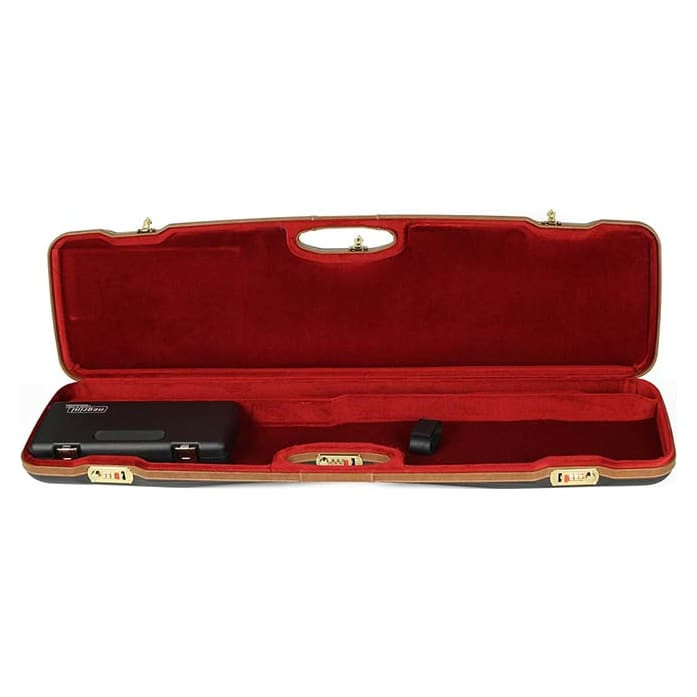 Negrini One Gun Fits all shotguns O/U, SXS, Semi-auto or Pump. Black with Tan Leather and Bordeaux interior. 1607LX-UNI/4713 in Black With Tan - Negrini