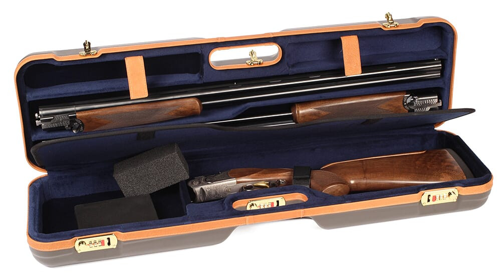 Negrini One Gun - Two Barrels OU SXS Skeet Trap Hunting ABS Brown with Tan Leather and Blue interior. 1621BLX/5388 in Brown With Tan Leather/Blue - Negrini
