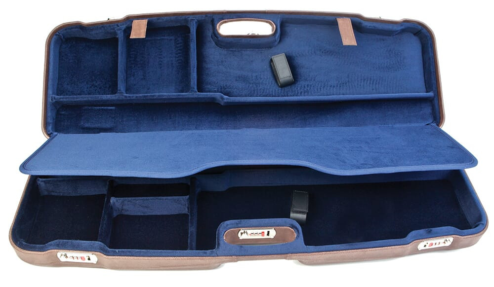 Negrini Two Gun Case Hunting Competition Guns Low to High Rib Blue Blue Interior 1622LX-2F/5136 in Blue With Tobacco Leather/Blue Interior - Negrini