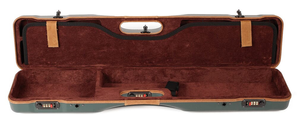 Negrini Uplander O/U or SXS Upland Shotgun Case w/ QD Padded Shoulder Strap Green/Tan Leather Trim and Brown Handle 16405LX/5493 in Exterior Green - Negrini