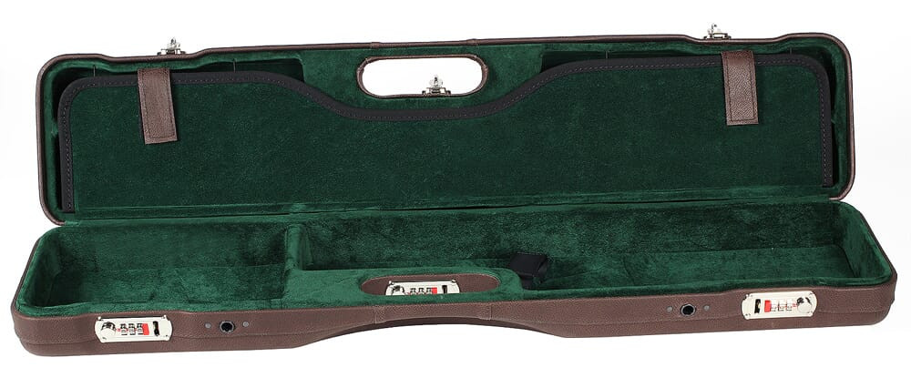 Negrini Uplander O/U or SXS Upland Shotgun Case w/ QD Padded Shoulder Strap Caoba Brown Leather/Green 16405PL/5589 in Exterior Brown Leather Interior - Negrini