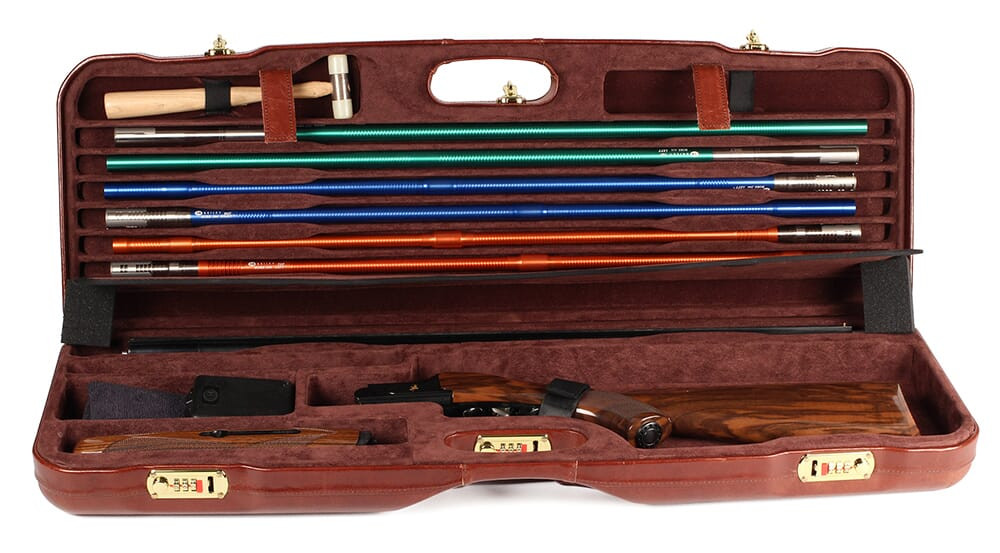 Negrini One Gun Skeet High Rib with Forend Off Caoba Brown Leather Black 1659PL-TUBE/5246 in Caoba Brown Leather With Black Interior - Negrini