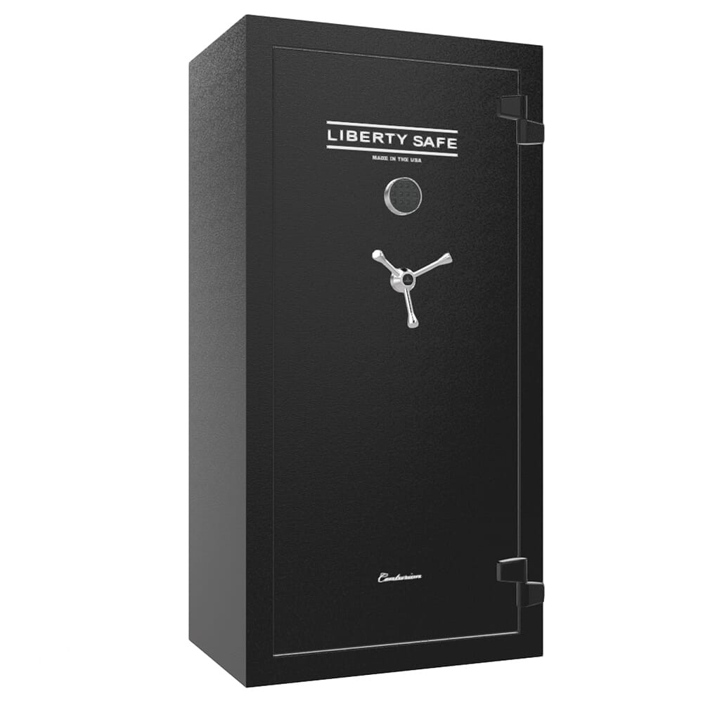 Liberty Safe Centurion Black Textured 24-Gun Flex Interior Safe w/Silver Ink, SecuRam Top Lit Chrome eLock, Economy Door Panel & 3-Spoke Handle - Liberty Safe
