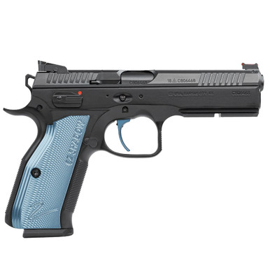 CZ-USA Shadow 2 SA 9mm 17rd Blk Handgun w/Polycoat Steel, FO Front/Blk Serrated Hajo Rear, Blue Single Action Only Trigger, Blue Alum Grips 91245 - CZ-USA