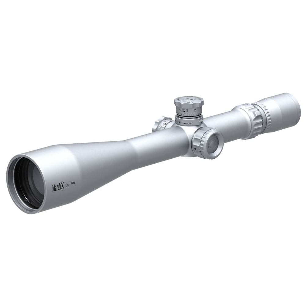 March Scopes March X Tactical 8-80x56mm Silver SFP MTR-5 Reticle 1/8MOA 4Level Illum Riflescope w/Middle Wheel D80V56STI-MTR-5 - March Scopes