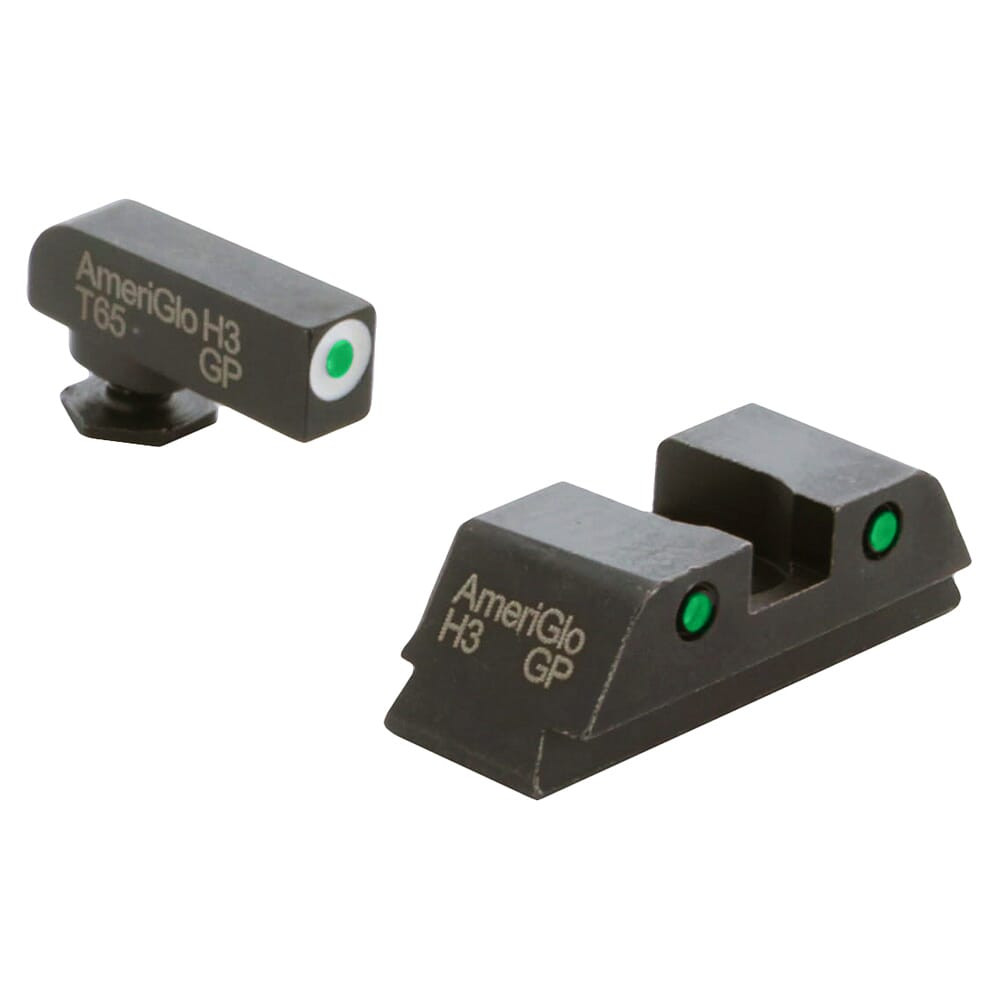 Ameriglo Spartan Grn Trit w/Wht Outline Front, Grn Trit w/Blk Outline Rear 3-Dot Night Sight for Glock Gen 1-4 17,19,22-24,26,27,33-35,37-39 GL-146 - Ameriglo
