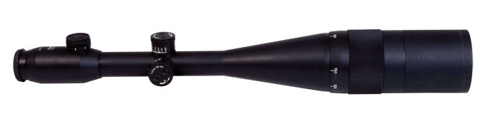 IOR 10x56 AO Steel tube with illuminated MP8 reticle and 1/8mi mil clicks and sunshade. Very good condition with faint ring marks, no box. Item - USED/MISC