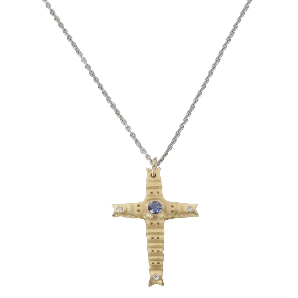 Alex Sepkus 18K Sapphire & Diamond "Spring" Cross Pendant & 18" Platinum Cable Chain w/3 Diamonds, & Blue Sapphire M-103-CH-1-3P - Alex Sepkus