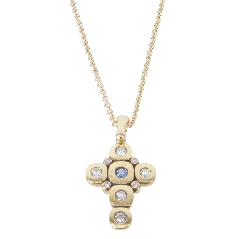 Alex Sepkus 18K Sapphire & Diamond "Candy" Cross Pendant w/1 Blue Sapphire (approx. .07ct), 9 Diamonds (.29ct), & 1.5mm 18" Cable Chain M-55S15-CH-1.5 - Alex Sepkus