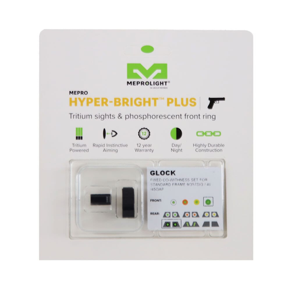 Meprolight USA Meprolight Hyper-Bright Co-Witness Glock Std Frame 9/357SIG/40/45GAP Green Ring/Green Fixed Pistol Sight Set 040224318011 - Meprolight USA