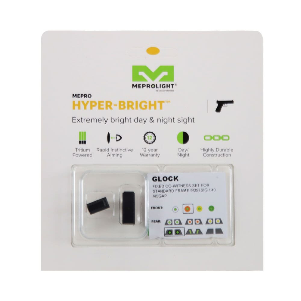 Meprolight USA Meprolight Hyper-Bright Co-Witness Glock Std Frame 9/357SIG/40/45GAP Orange Ring/Green Fixed Pistol Sight Set 040224318031 - Meprolight USA