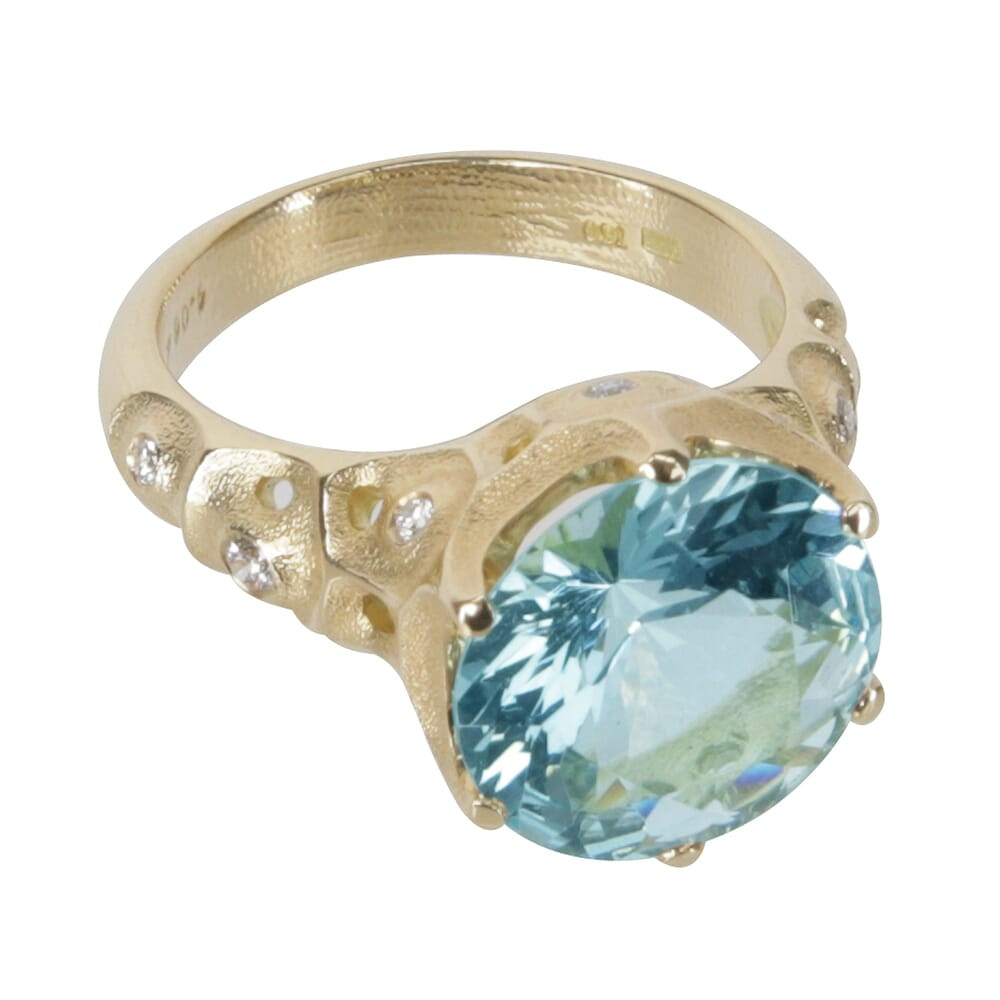 Alex Sepkus 18k Diamond "Norma" Ring with Aqua 4.06ct 11.8-12.1mm Round Center Stone, and 10 Diamonds (approx. 0.12ct) R-225 - Alex Sepkus