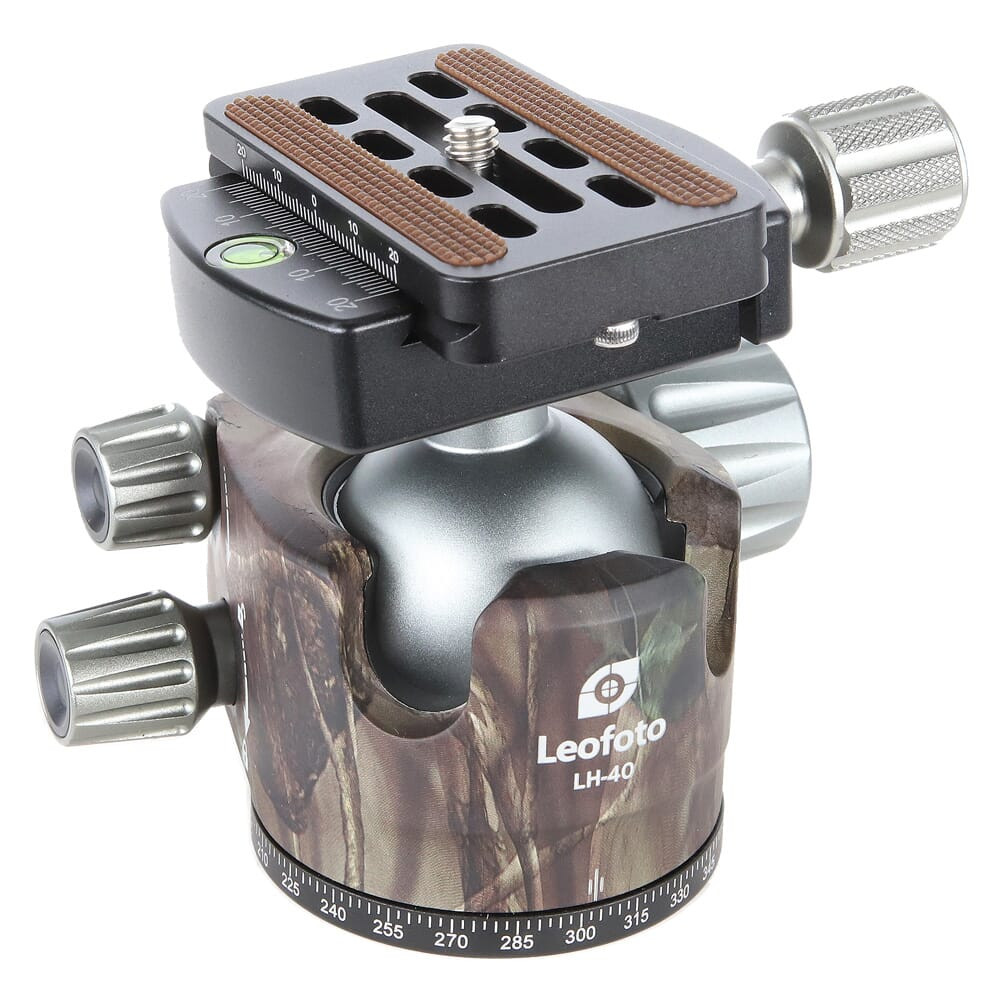 Leofoto LH-40 40mm Low Profile Camo Ball Head w/QP-70N QR Plate, Case, & Independent Pan Lock; Arca Compatible LH-40-QP-70N-CAMO - Leofoto
