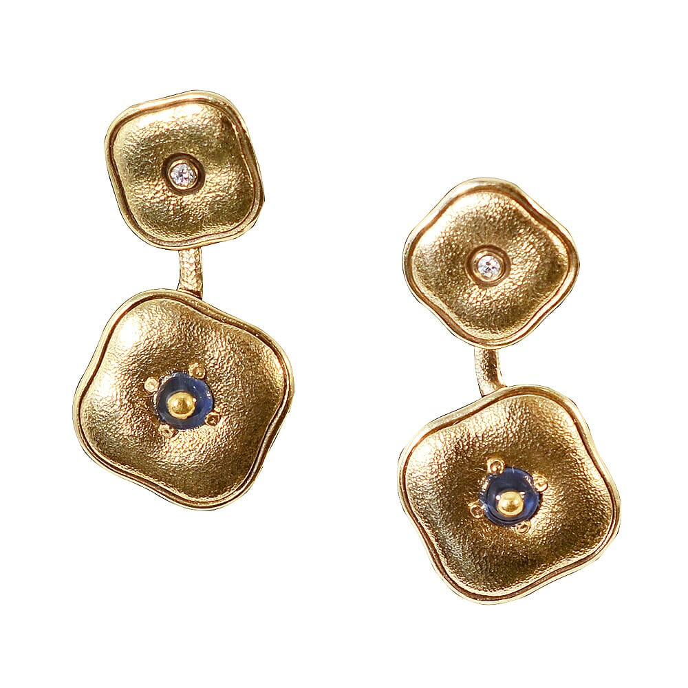 Alex Sepkus 18k, Inlayed Cabochon Sapphire and Diamond "Cushion" Earrings E-189 in Gold - Alex Sepkus