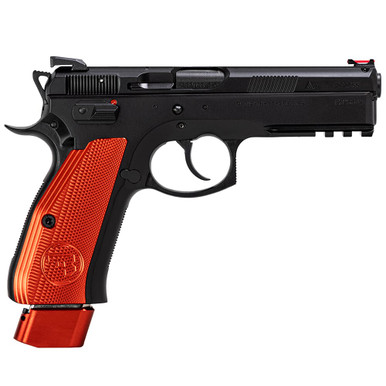 CZ-USA 75 SP-01 Comp 9mm 21rd Handgun w/Polycoat Steel, FO Front/Blk Serrated Rear, Comp Hammer, 11lb Rec Spring, Red Ext Base Pads/Alum Grips 91206 - CZ-USA