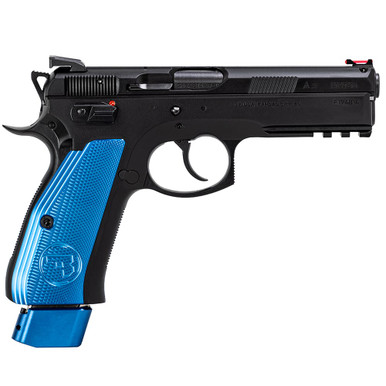 CZ-USA 75 SP-01 Comp 9mm 21rd Handgun w/Polycoat Steel, FO Front/Blk Serrated Rear, Comp Hammer, 11lb Rec Spring, Blue Ext Base Pads/Alum Grips 91207 - CZ-USA