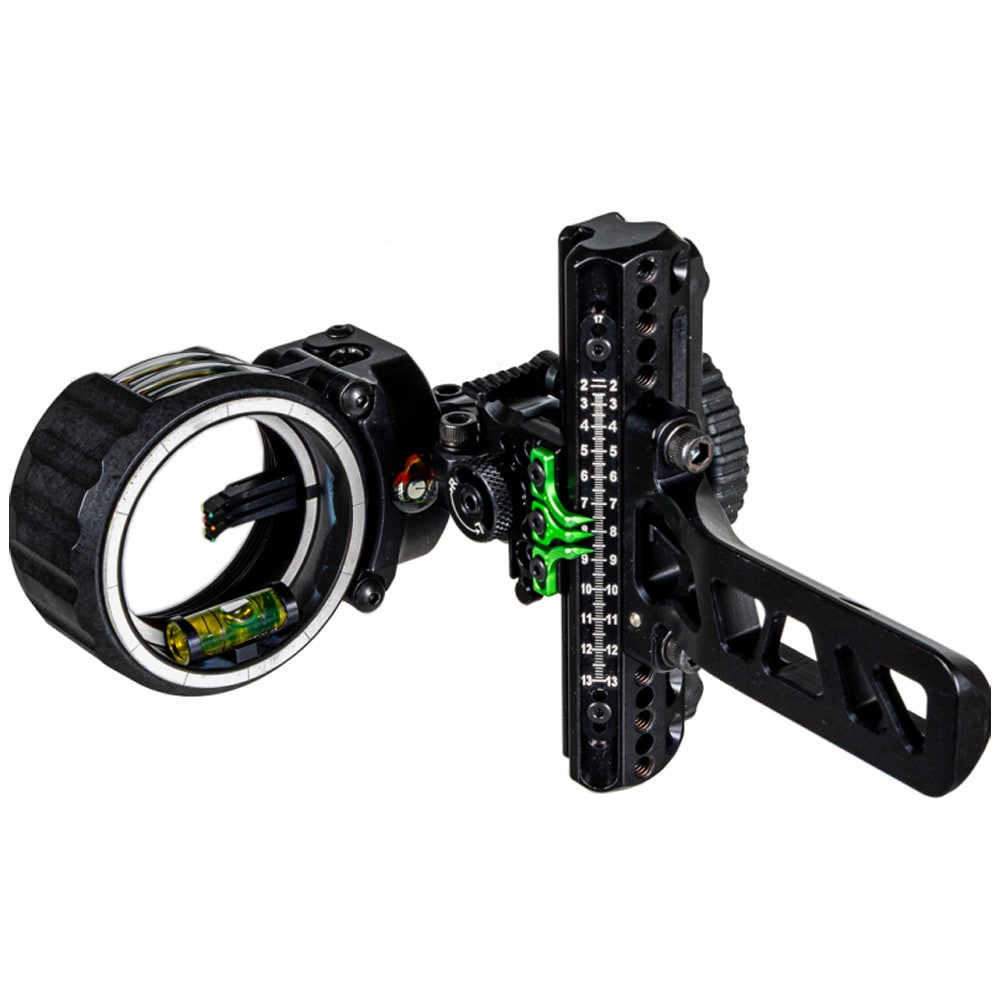 AXCEL Archery Driver Slider Sight-Mathews® Bridge-Lock - w/ AccuStat II Scope - Micro 4 Pins - .010 Fiber - Stealth ADVR-B410-4AB in Green - AXCEL Archery