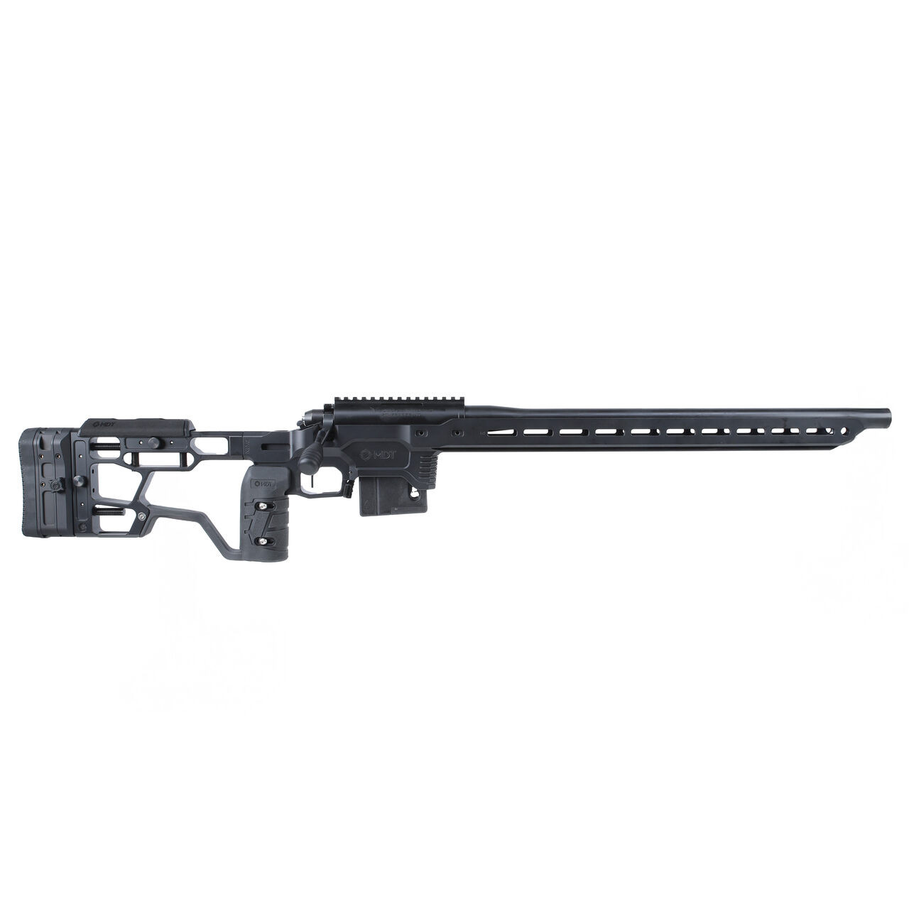 Vudoo Gun Works Rem 700 .22 LR 21" Bbl Target Crown 0MOA 360 MDT ACC Elite Chassis SA 510 v2 Elite Hunter Str Shoe APP-V22T-RBLP-BLK-21TC-ACCE-BLK in - Vudoo Gun Works