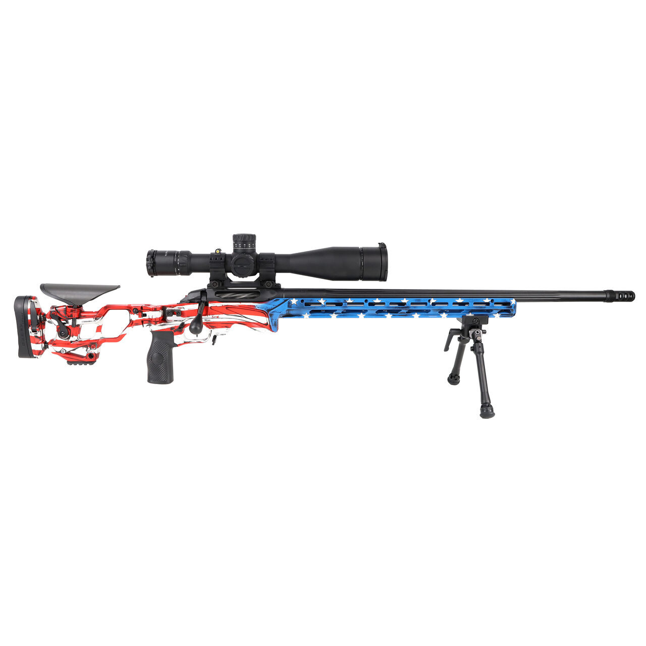 Cadex Defense 6.5 Creedmoor 26" 1:8 Bartlein Bbl 5/8x24" TPI w/ Falcon Bipod, 36mm Scope Mount, USA Flag Color CDXSS-PRO-6.5-26-CP20-I2B1N-BLK-USA - Cadex Defense