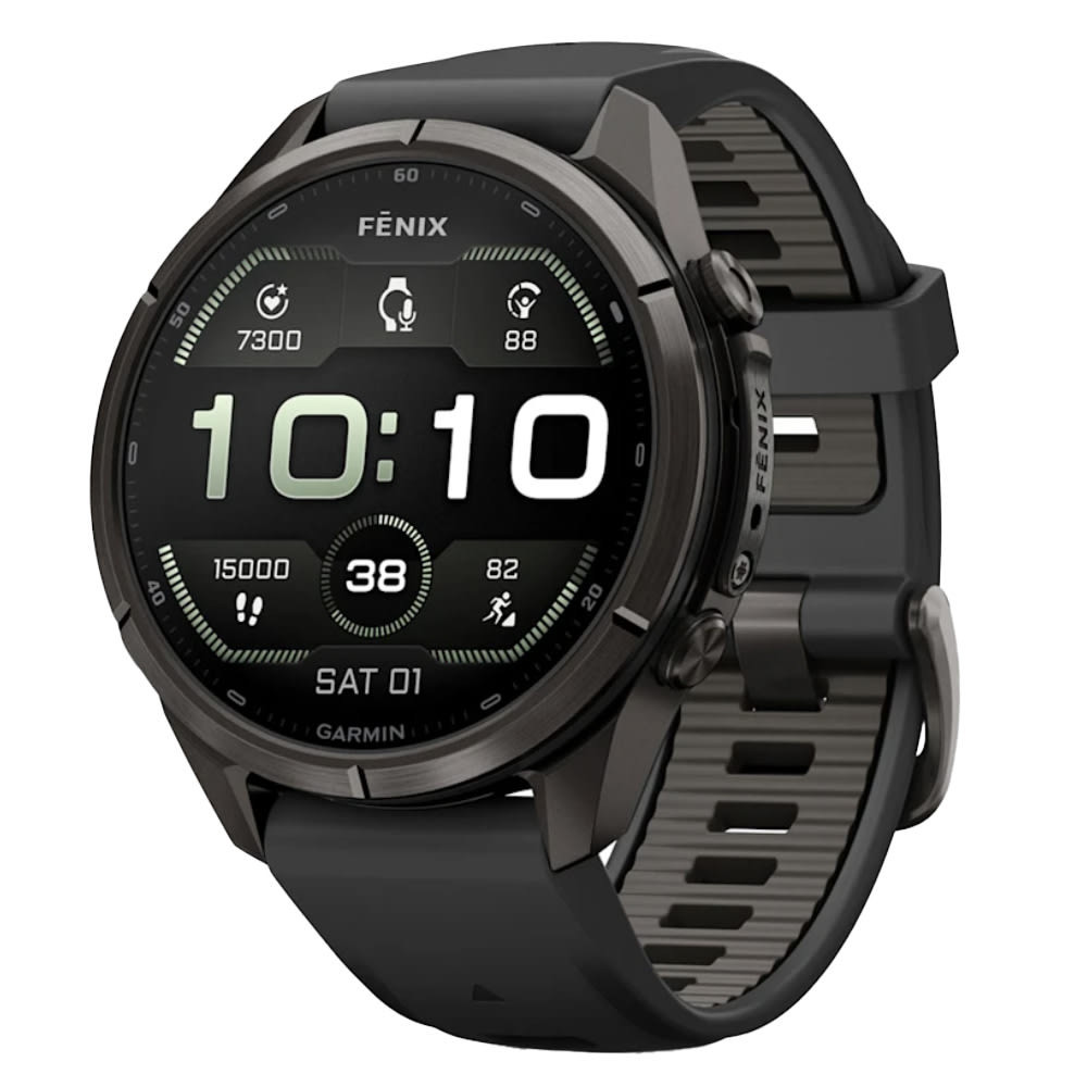 Garmin Fenix 9 Pro 43mm Carbon Gray DLC Titanium Smartwatch w/ Built-In Flashlight, AMOLED Display, Black-Pebble Gray Silicone Band 010-04335-15 - Garmin