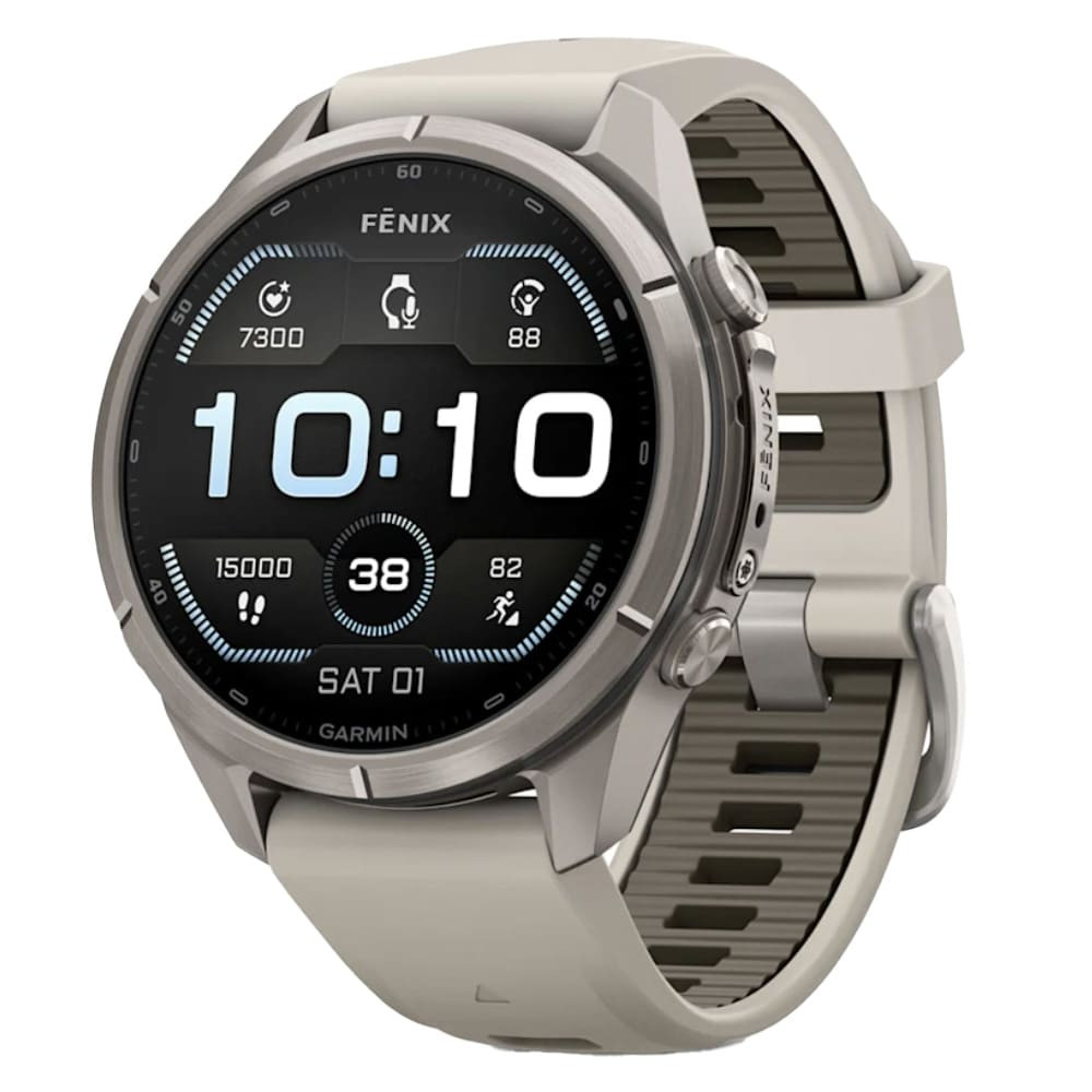Garmin Fenix 9 Pro 43mm Titanium Smartwatch w/ Built-In Flashlight, AMOLED Display, Fog Gray-Dark Sandstone Silicone Band 010-04335-85 - Garmin