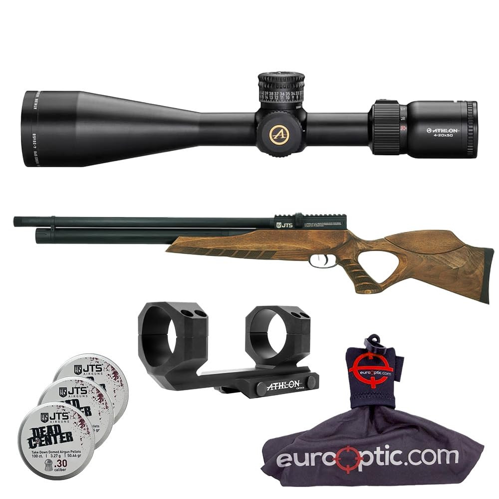 JTS Airguns JTS Airacuda Max Big Bore .30 Cal Wood PCP Air Rifle with Athlon Heras SPR 4-20x50mm 1" SFP MOA Riflescope & Rings, 3.25g Pellets, Spudz - JTS Airguns