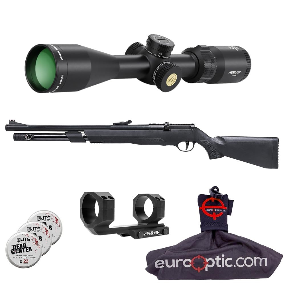 JTS Airguns JTS AirStryke .22 Cal Black PCP Air Rifle with 1.175g Pellets, Athlon Neos HMR 4-12x40mm Center-X SFP MOA Reticle Riflescope & Cantilever - JTS Airguns