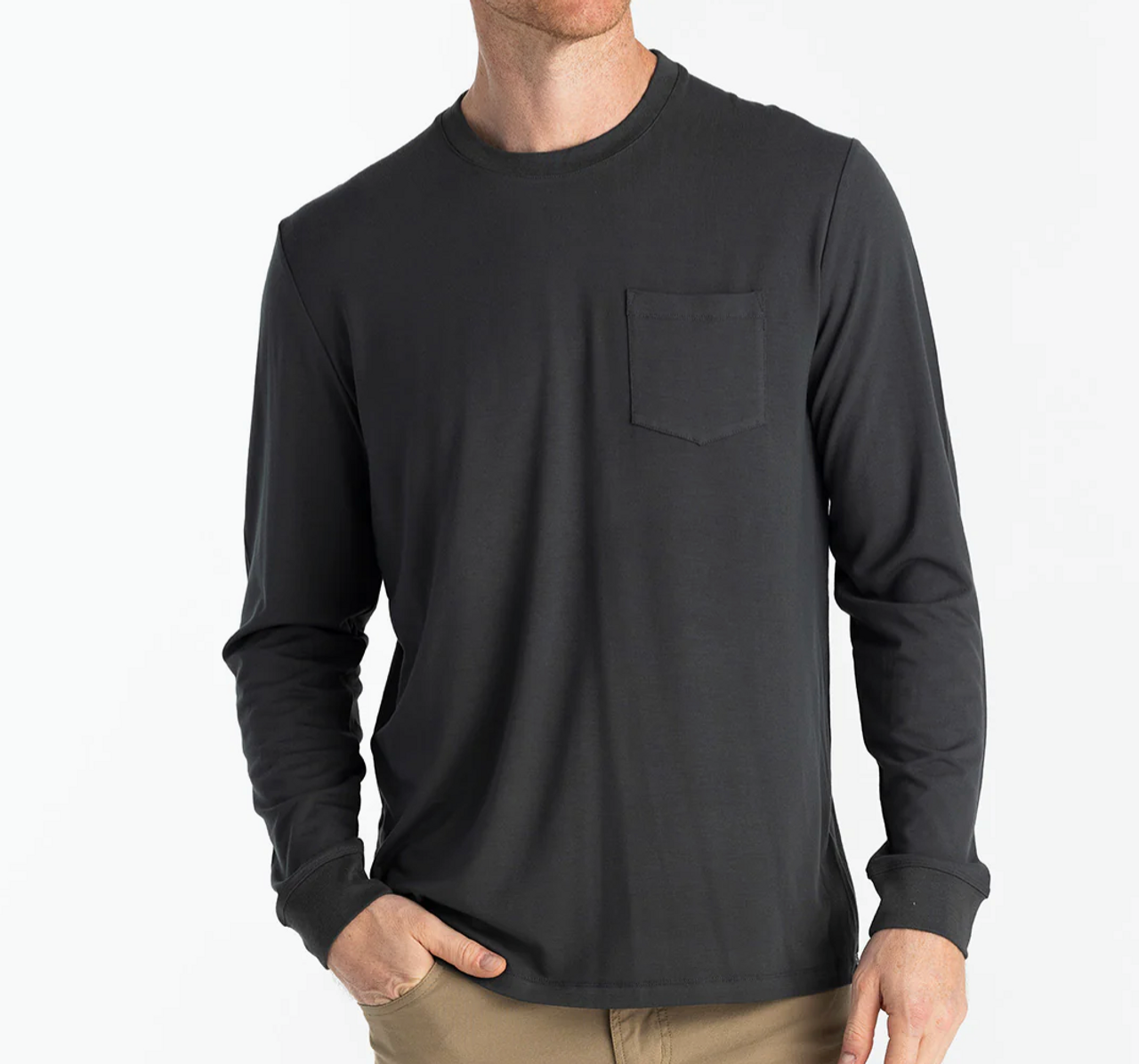 Free Fly Men's Bamboo Flex Long Sleeve Pocket Tee - Black Sand, Medium