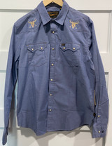 Wyoming Fly Fishing Howler Brothers Crosscut Snapshirt Classic Blue Chambray Logo