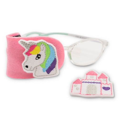 Pink felt eye patch with unicorn and castle decorations