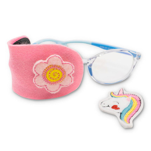 Pink felt eye patch with unicorn and flower decorations