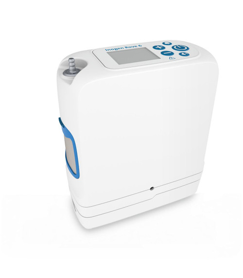 Inogen Rove 6, portable oxygen concentrator, 16-cell system, Inogen oxygen machine, long battery life POC, lightweight oxygen concentrator, travel oxygen device, COPD Chronic Obstructive Pulmonary Disease oxygen therapy, home oxygen concentrator, FAA approved oxygen concentrator.
