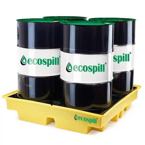 chemical spill containment pallet, polyethylene spill pallet 4 drum, forklift spill pallet system, heavy duty drum bund pallet, industrial spill tray 205L drum, chemical drum storage pallet, hazardous liquid storage pallet, oil drum spill containment system, warehouse spill containment pallet, factory chemical storage safety pallet, Ecospill 4 drum spill pallet