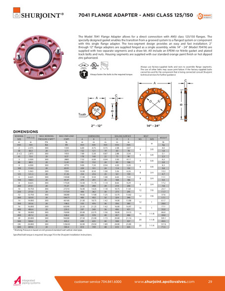 7041 Flange Adapter - ANSI Class 125/150 Dimensions