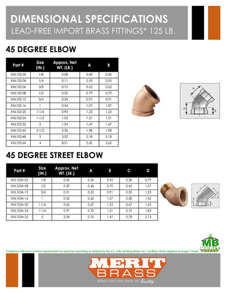 125# Lead Free Brass 45 Degree Elbow Dimensions