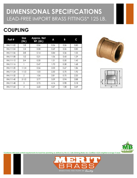125# Lead Free Brass Coupling Dimensions