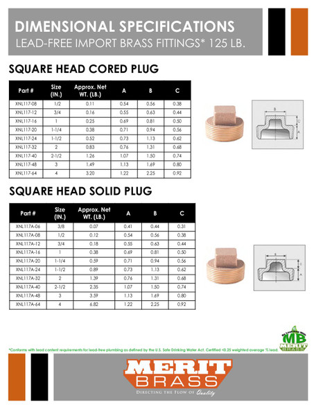 125# Lead Free Brass Cored Square Head Plug Dimensions