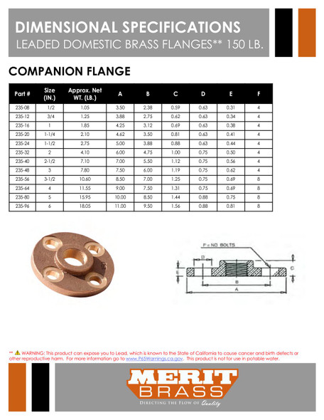 150# Leaded Domestic Brass Threaded Companion Flange Data Sheet