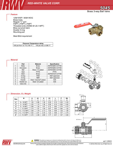 5045 Brass 3-Way Ball Valve Spec Sheet