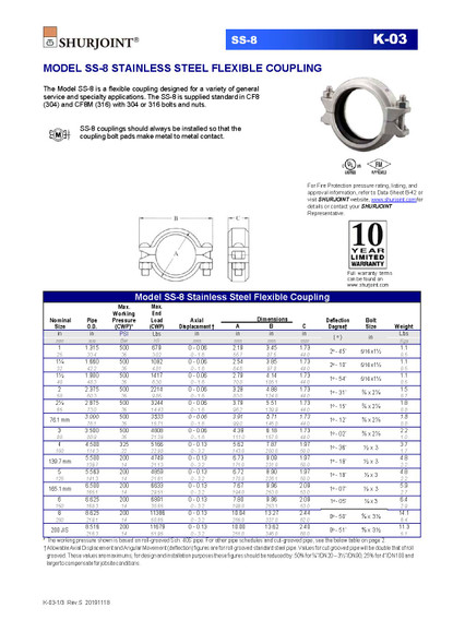 Shurjoint SS-8 Stainless Steel Flexible Coupling Data Sheet