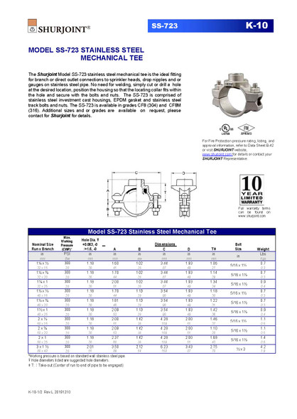 Shurjoint #SS-723 Stainless Steel Mechanical Tee Data Sheet